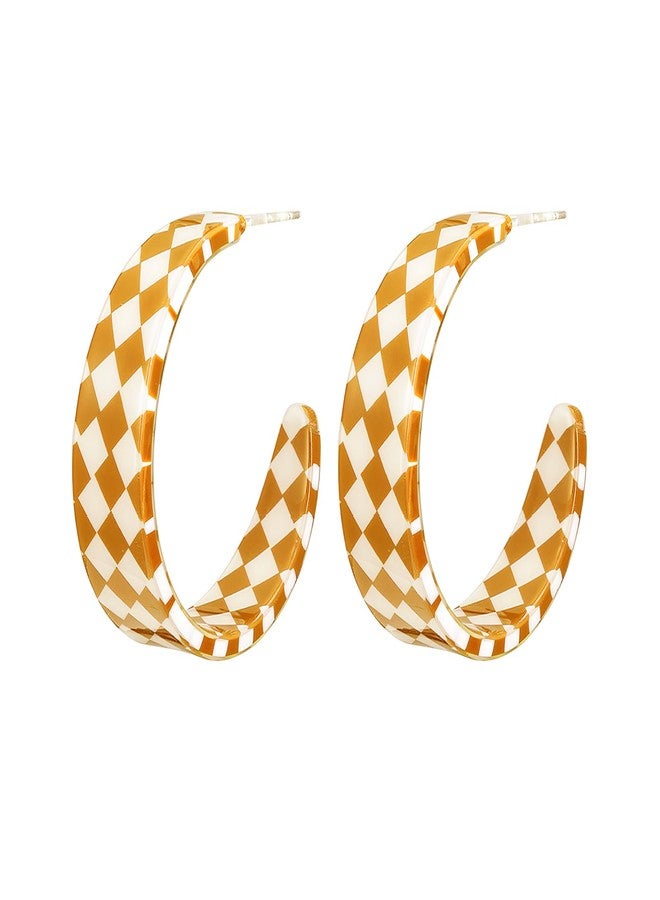 POYAMUSE Chic Checkerboard Acrylic Hoop Earrings - Trendy Plaid Earrings - Elegance with a Modern Twist-orange white - Image 1